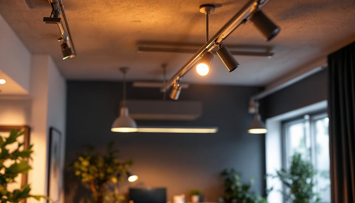 A photograph of a well-designed suspended ceiling track lighting setup in a modern interior space
