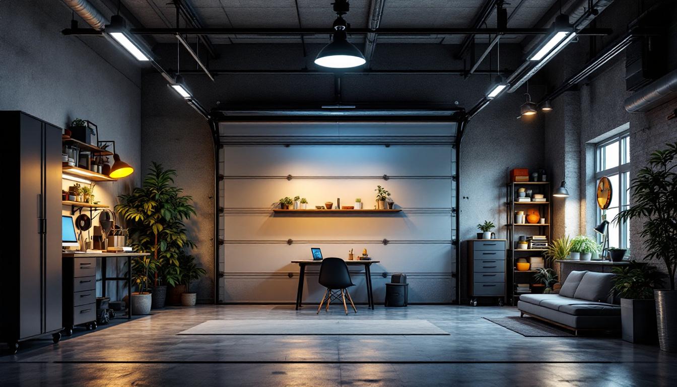 A photograph of a well-lit garage showcasing various led lighting setups