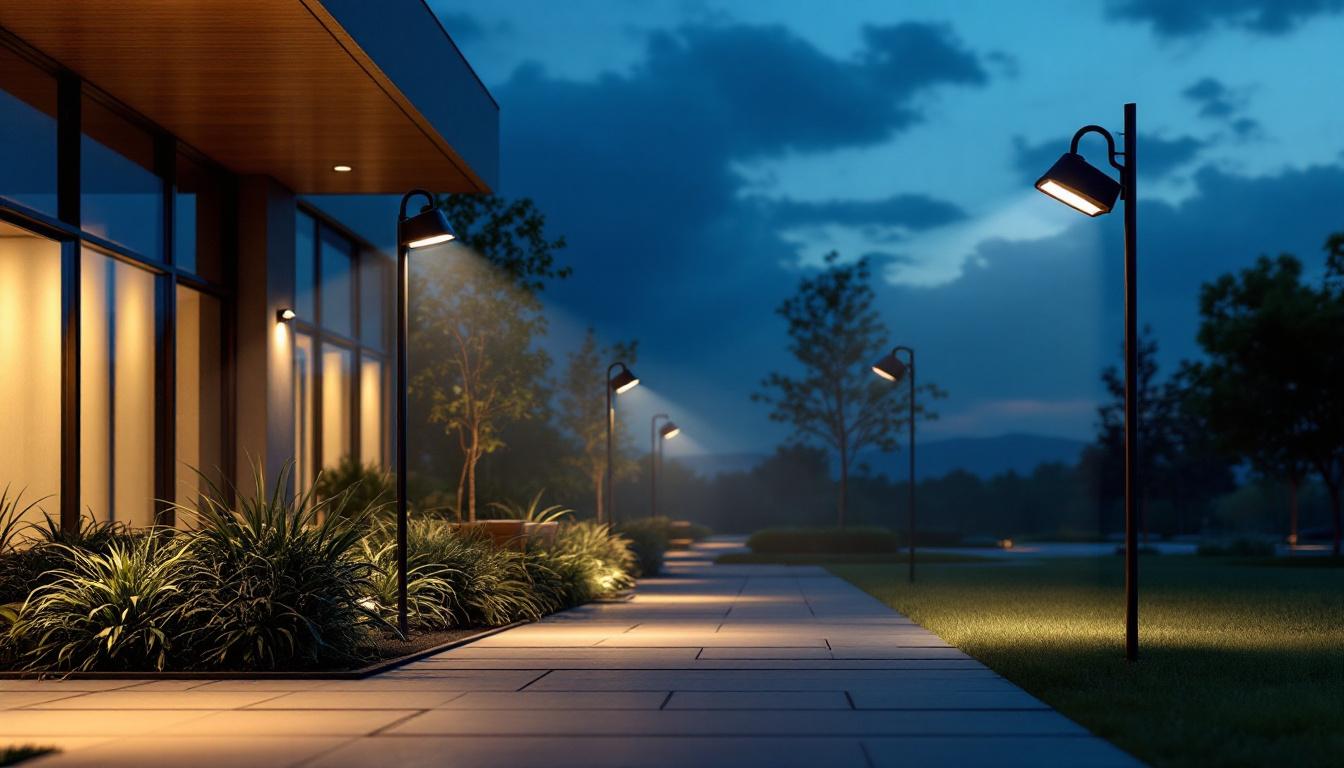 A photograph of a modern outdoor space featuring floodlights with motion sensors in action during dusk