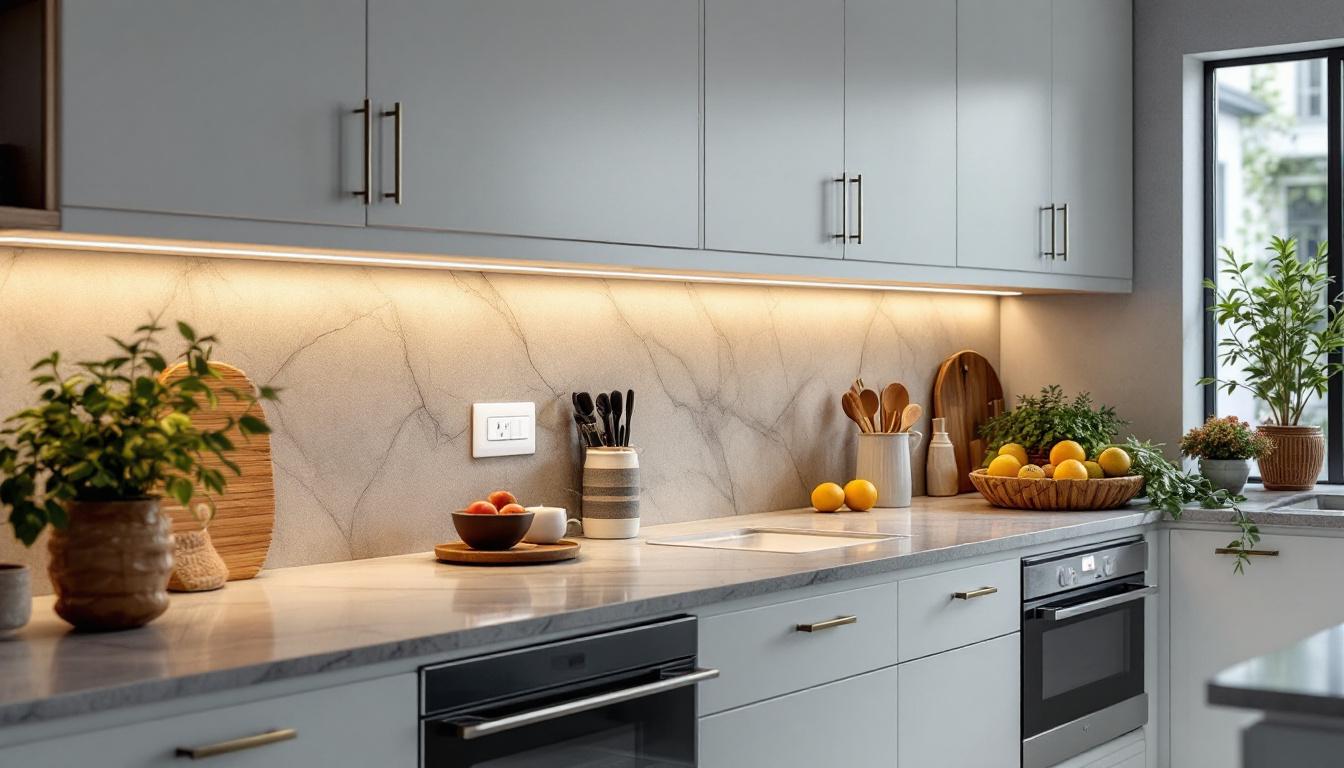 A photograph of a beautifully designed kitchen featuring under cabinet lighting with integrated outlets