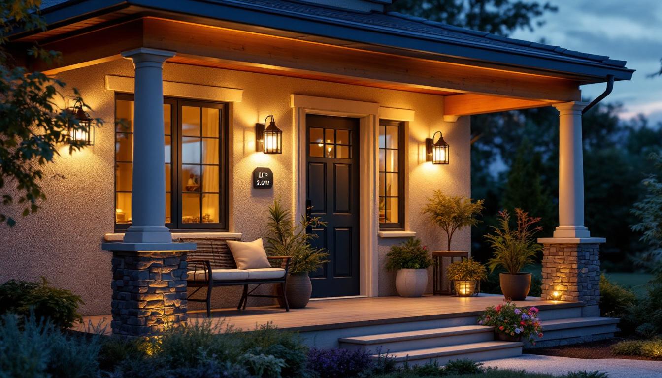 A photograph of a beautifully designed porch featuring modern led light fixtures that highlight innovative lighting design