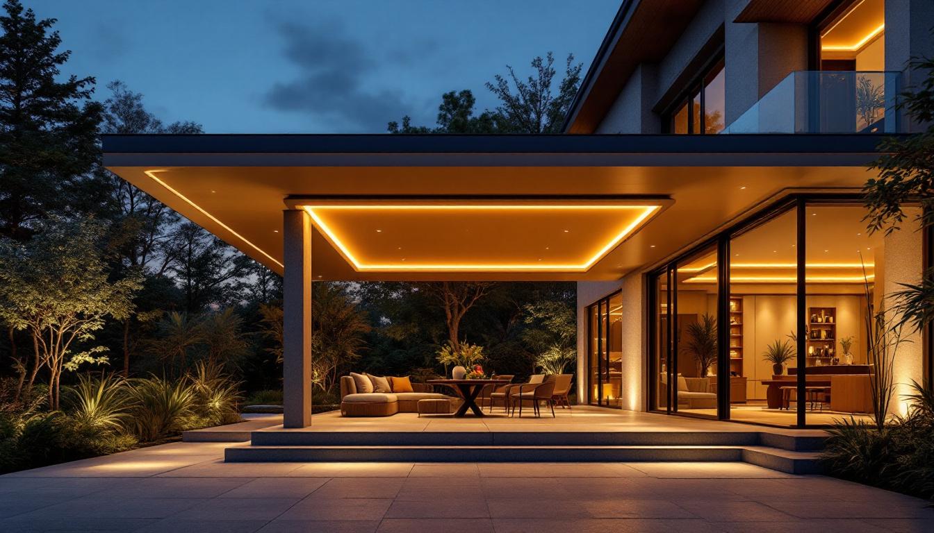 A photograph of a beautifully designed outdoor space illuminated by roof led lights at dusk