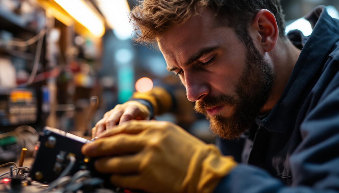 A photograph of a close-up of an electrical engineer working on a ballast system