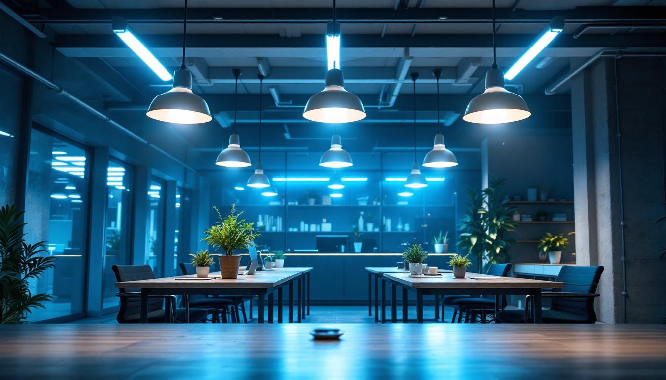 A photograph of a modern workspace or commercial setting illuminated by t12 led retrofit lighting