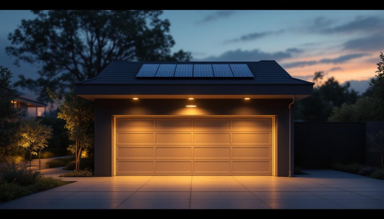 A photograph of a well-lit garage featuring sleek solar-powered lights installed in various locations