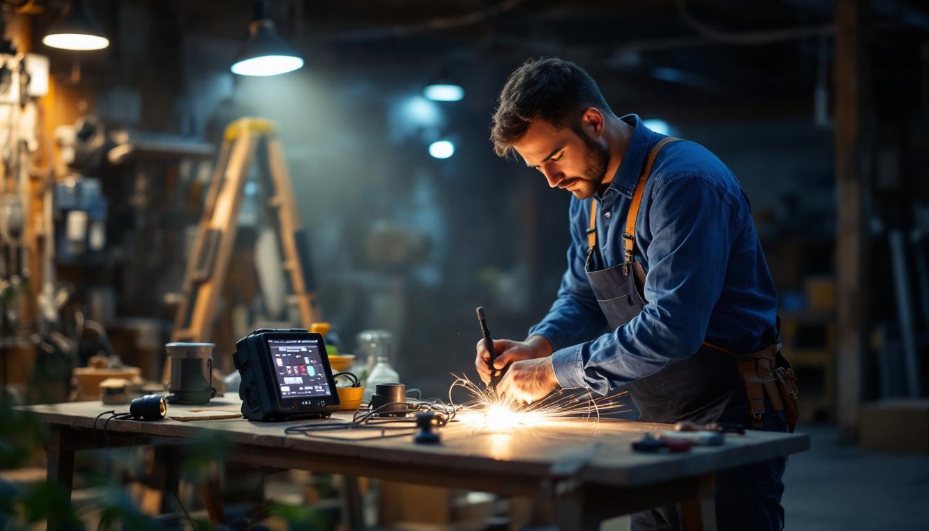 A photograph of an outdoor workshop setting illuminated by various types of workshop lights
