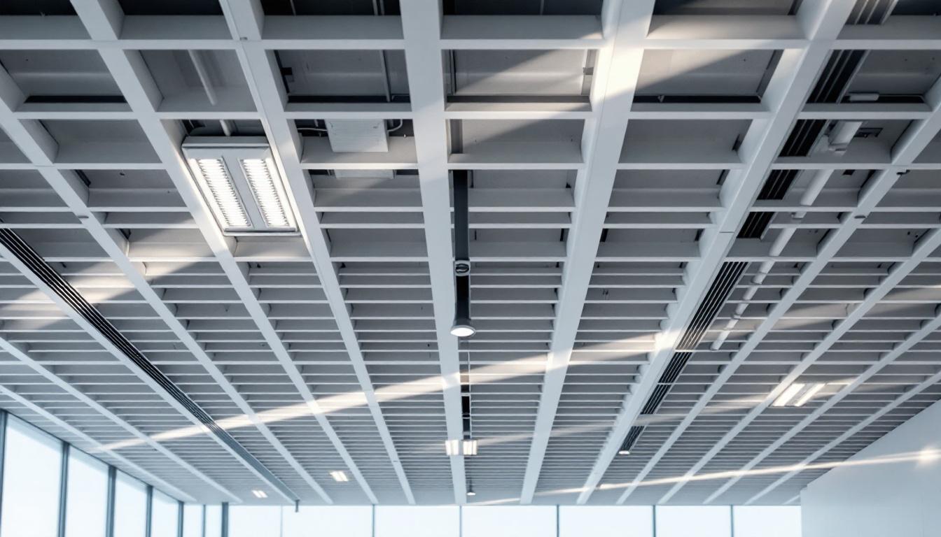 A photograph of a modern linear grid ceiling with integrated lighting fixtures