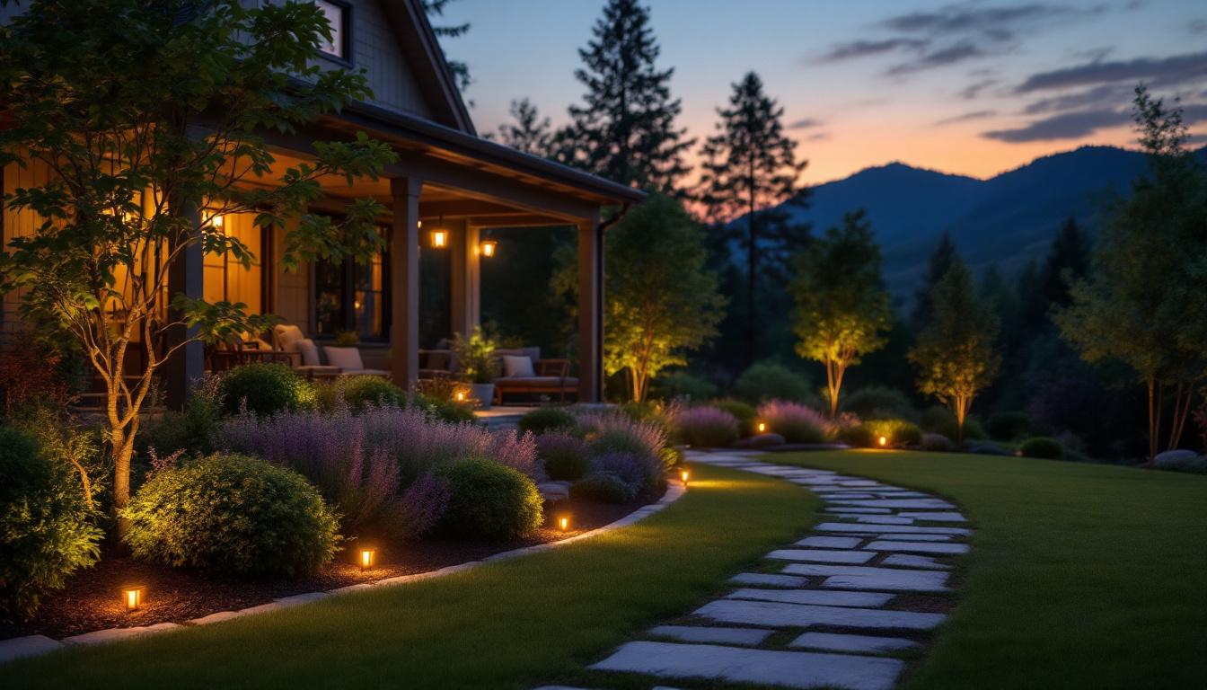 A photograph of a beautifully illuminated outdoor landscape at dusk