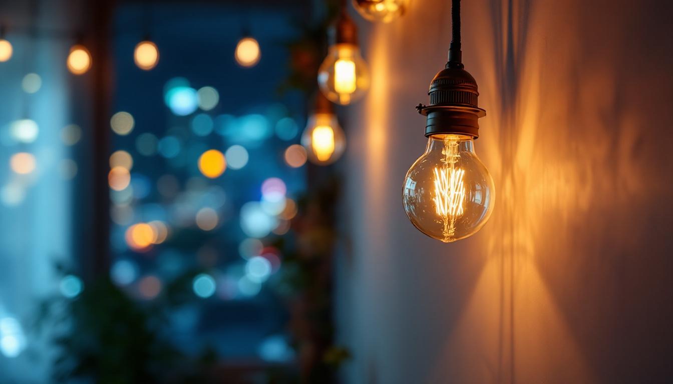 A photograph of a cozy residential living space illuminated by warm