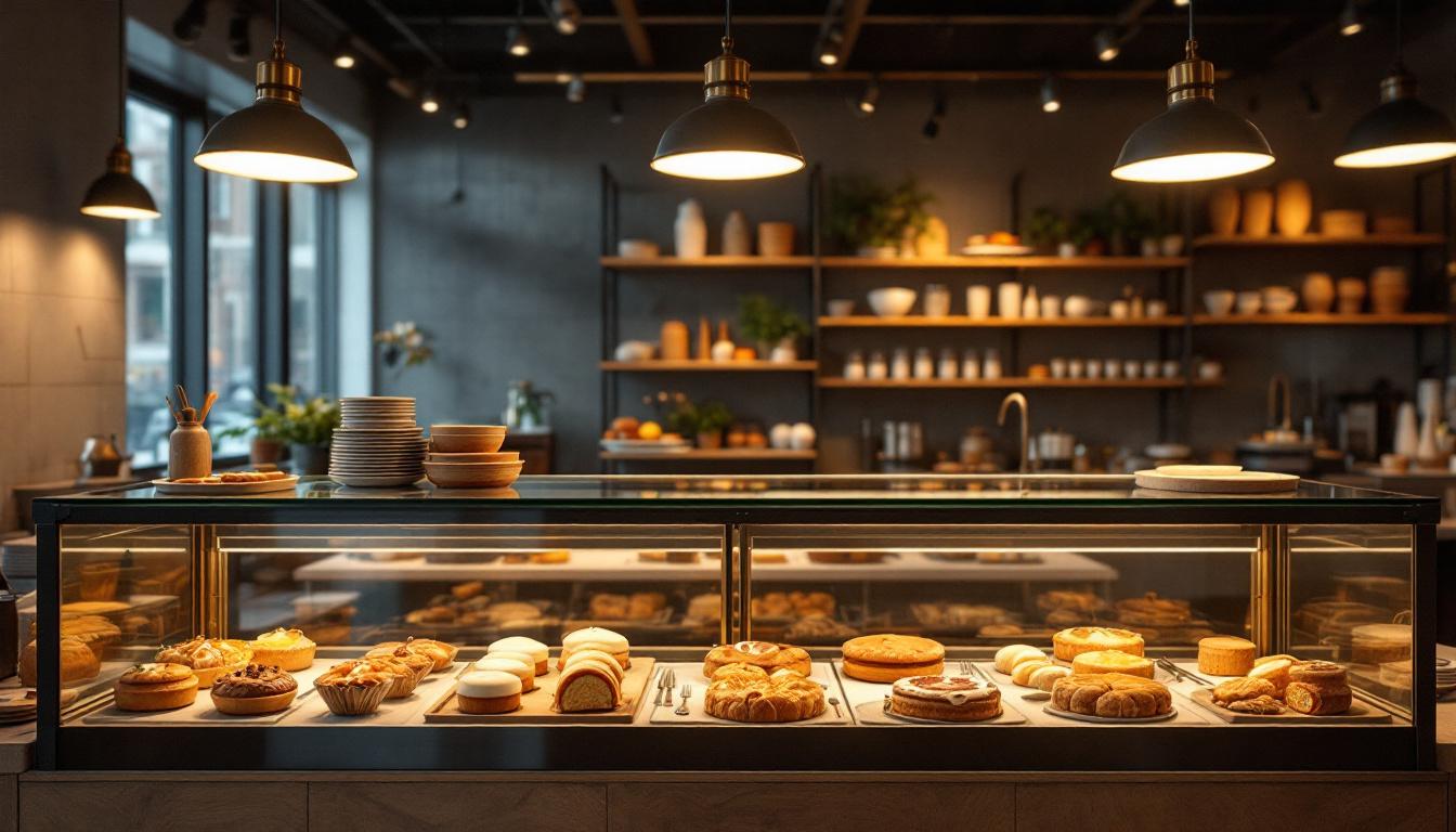 A photograph of a well-lit bakery display showcasing various bakery fixtures