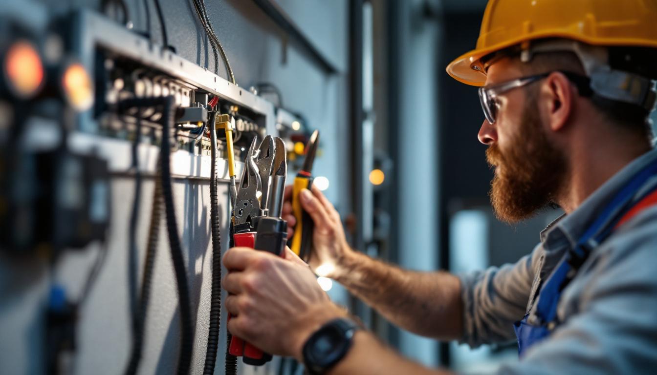 A photograph of a skilled electrician using a variety of hand tools while installing or adjusting lighting controls in a modern home setting