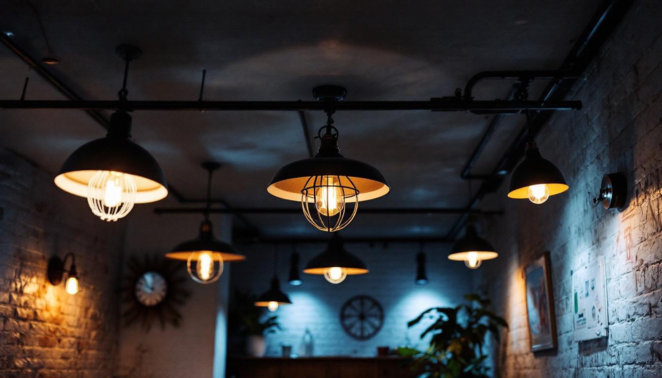 A photograph of a well-lit basement ceiling featuring a variety of stylish light fixtures