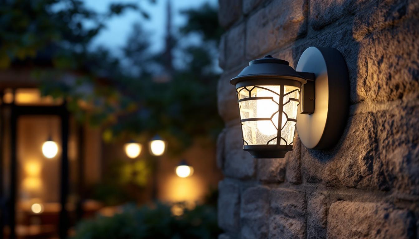 A photograph of a beautifully designed sconce solar light mounted on an exterior wall