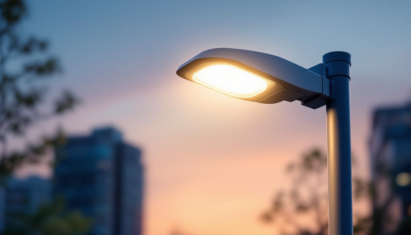 A photograph of a modern lamp post equipped with a light sensor