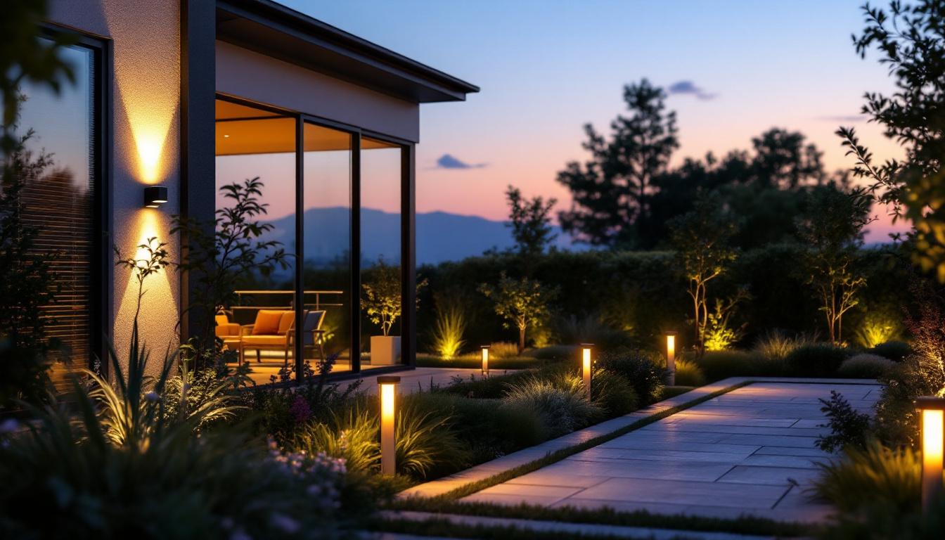 A photograph of a beautifully designed outdoor space illuminated by various styles of motion sensor lights
