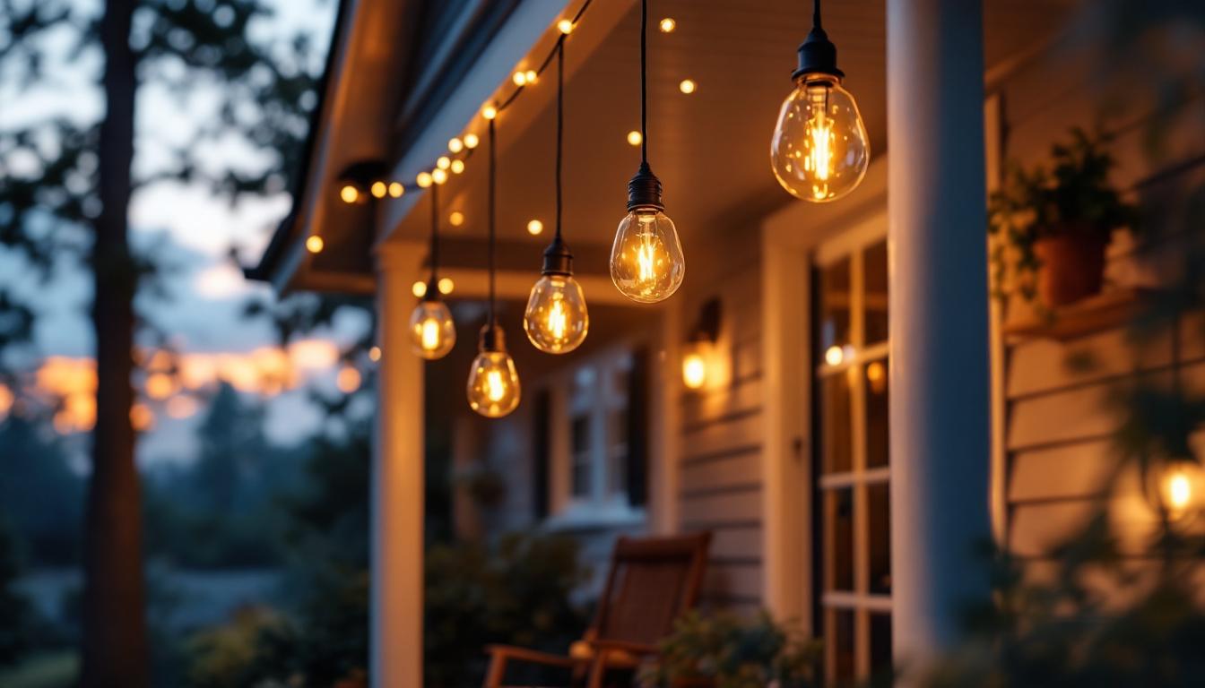 A photograph of a beautifully illuminated front porch featuring energy-efficient hanging lights in a cozy evening setting