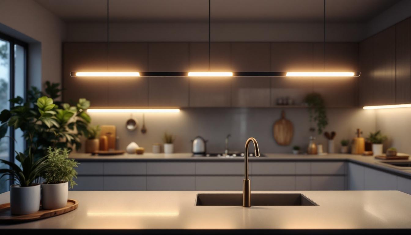 A photograph of a well-lit kitchen featuring modern tube lights