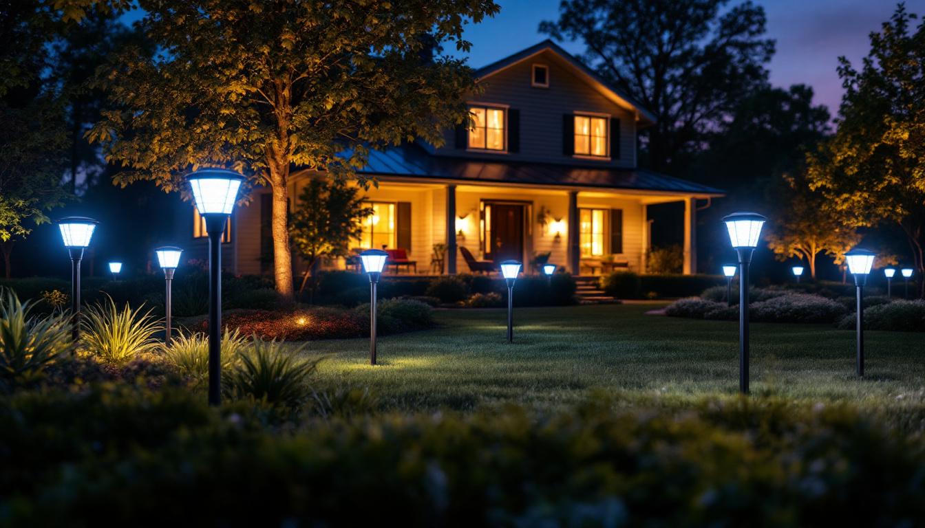 A photograph of a beautifully illuminated yard featuring large-scale solar led lights