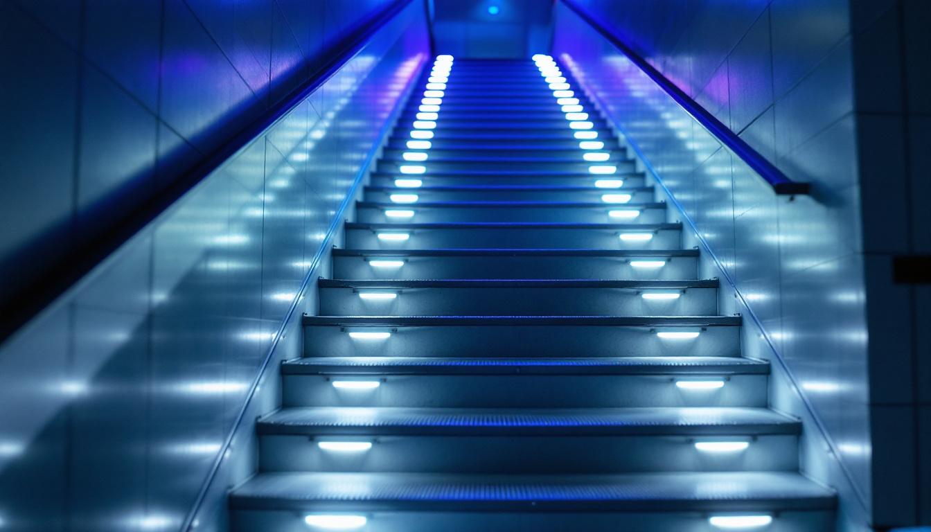 A photograph of a well-lit indoor staircase featuring illuminated tread lights