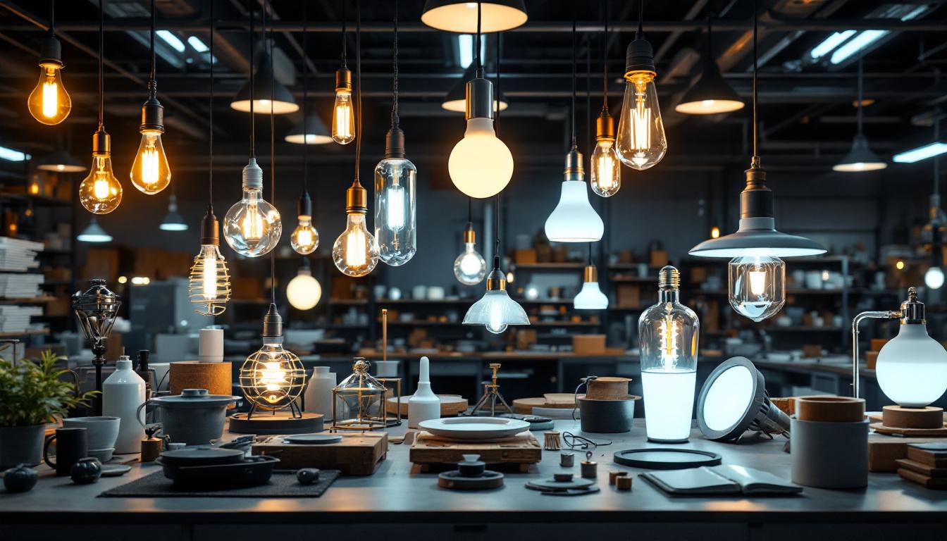 A photograph of a diverse range of lamp designs and manufacturing processes in a well-lit workshop setting