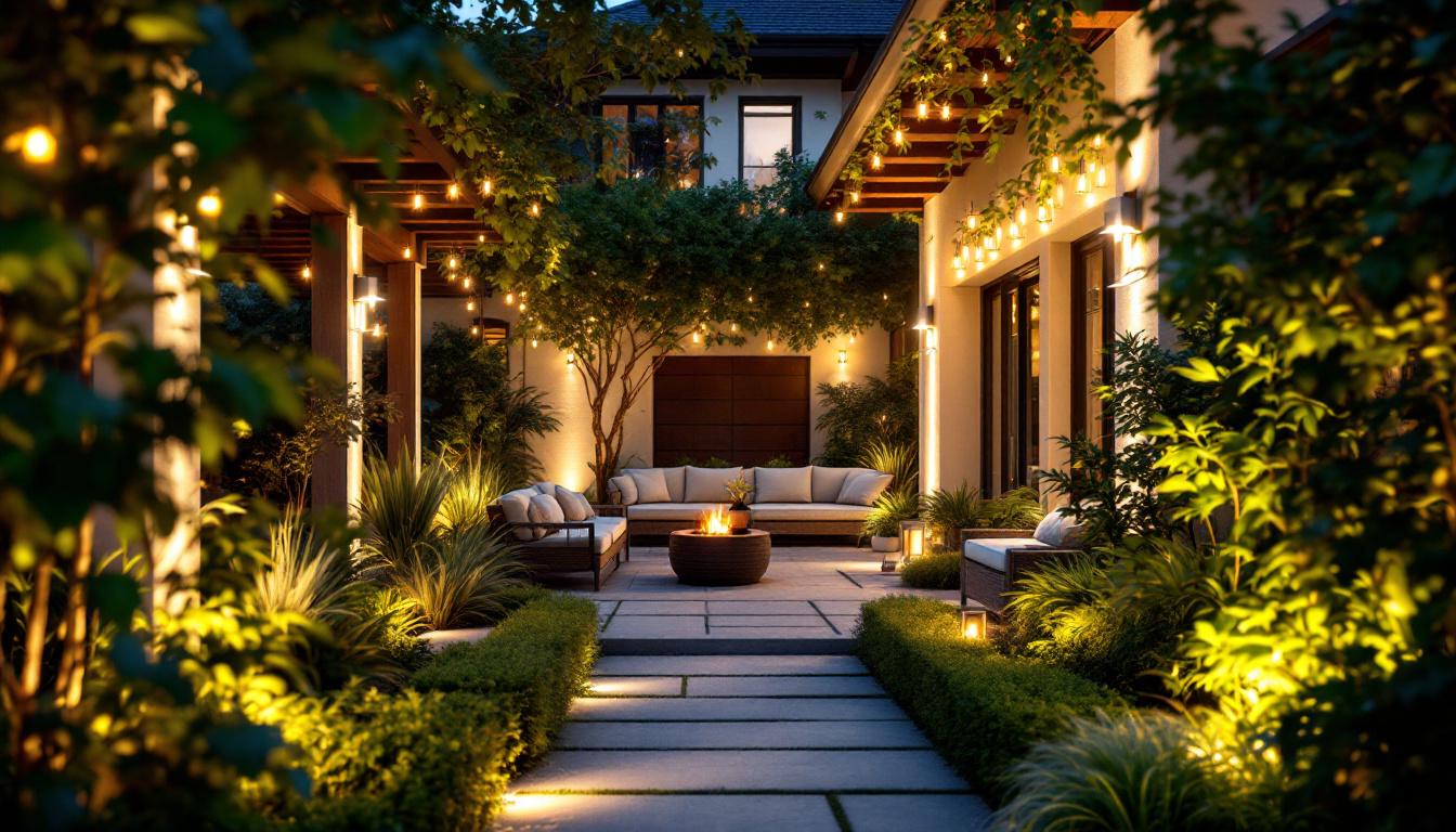 A photograph of a beautifully designed outdoor space illuminated by elegant white house lights