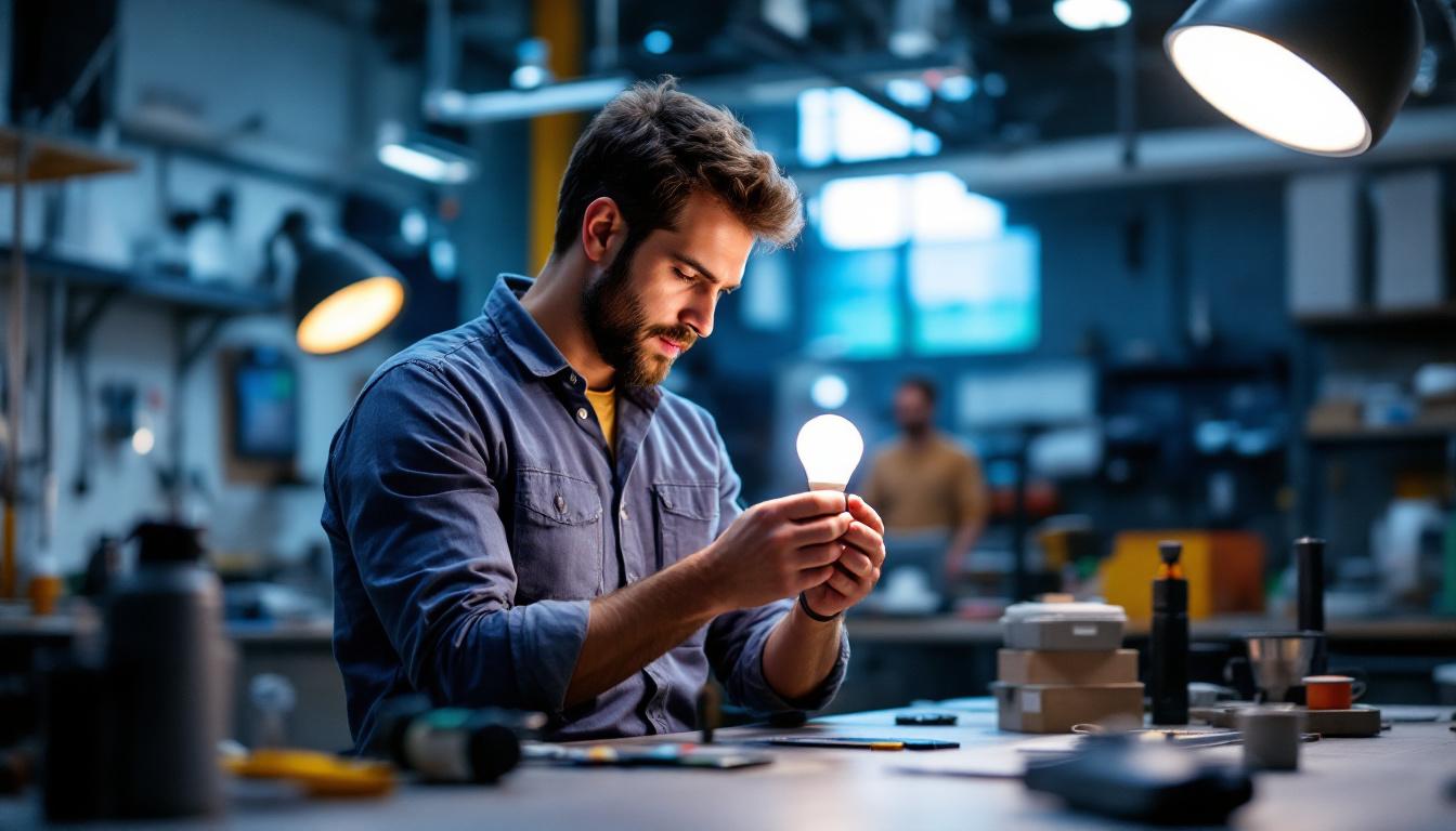 A photograph of a lighting engineer meticulously examining a 500w led bulb in a well-lit workshop