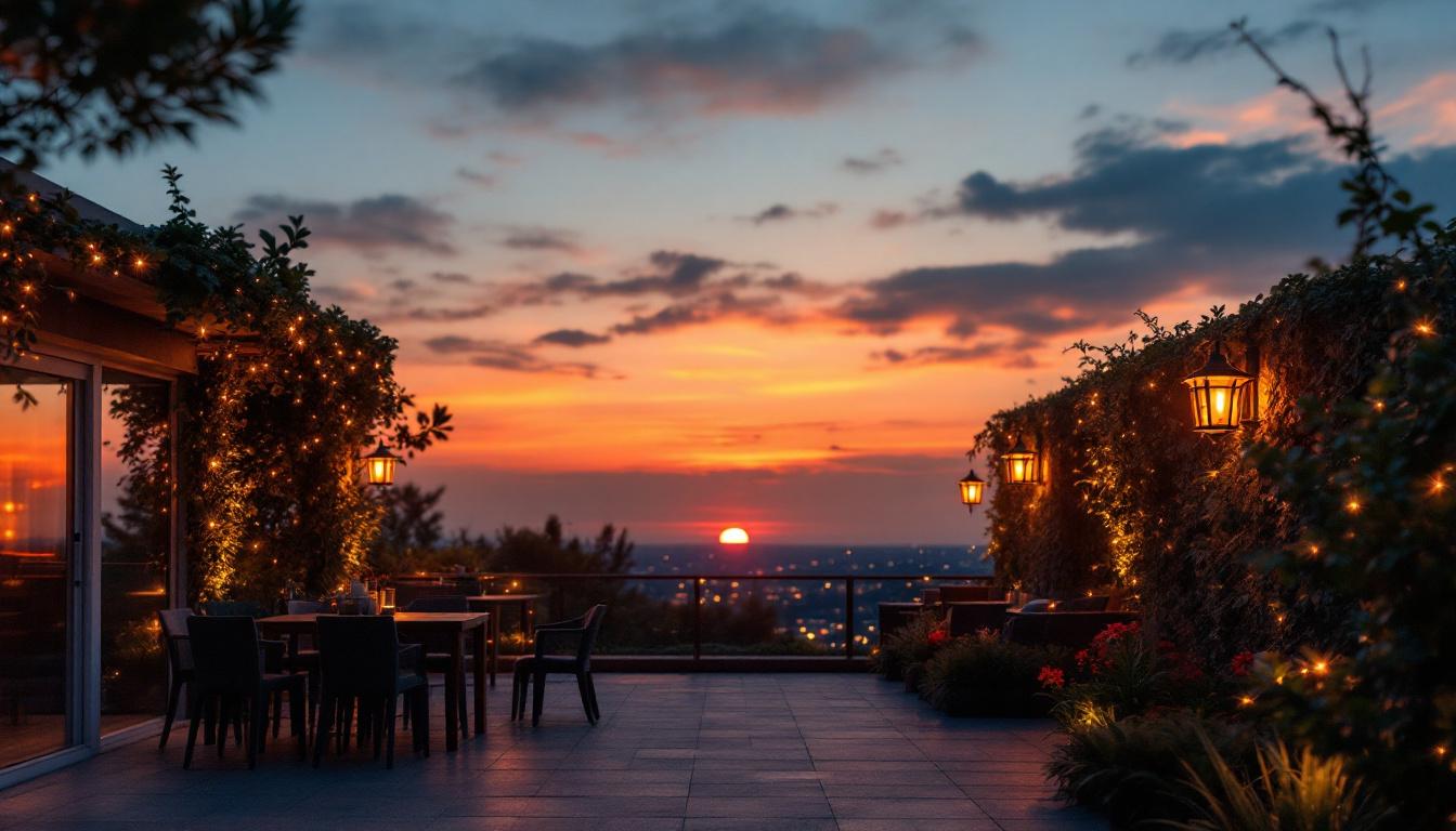A photograph of a serene sunset scene featuring a well-lit outdoor space
