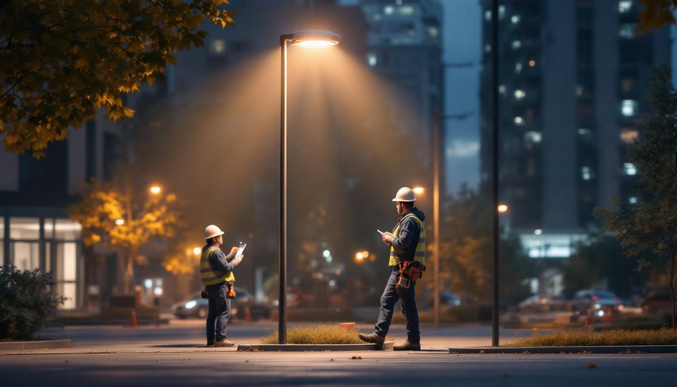 A photograph of a well-lit urban setting featuring a 10 ft light pole installed in a practical environment