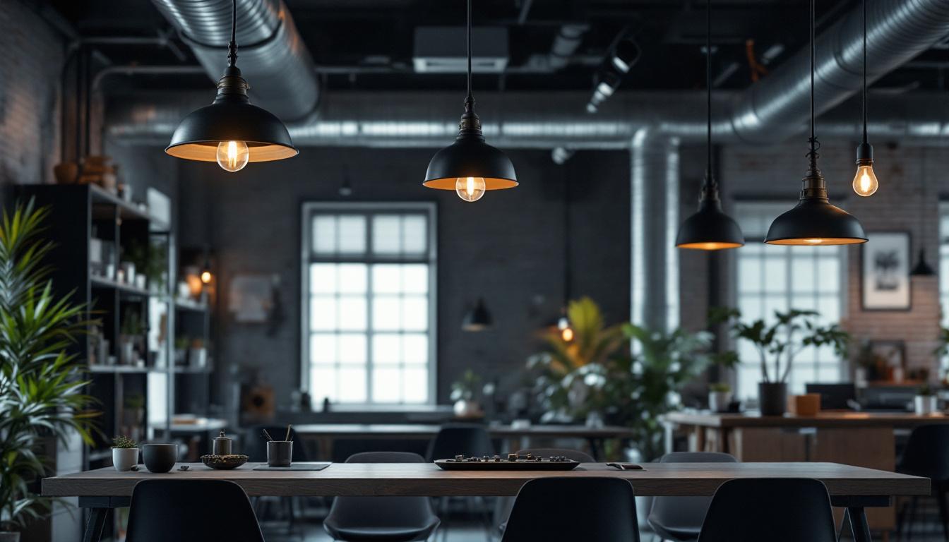 A photograph of a stylish industrial lighting setup featuring a mix of williams light fixtures in a contemporary workspace