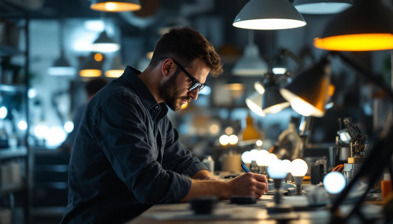 A photograph of a lighting engineer at work in a well-lit workshop