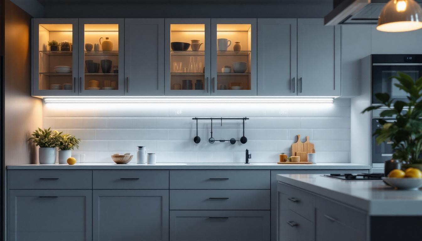 A photograph of a beautifully designed kitchen showcasing under cabinet led strip lighting