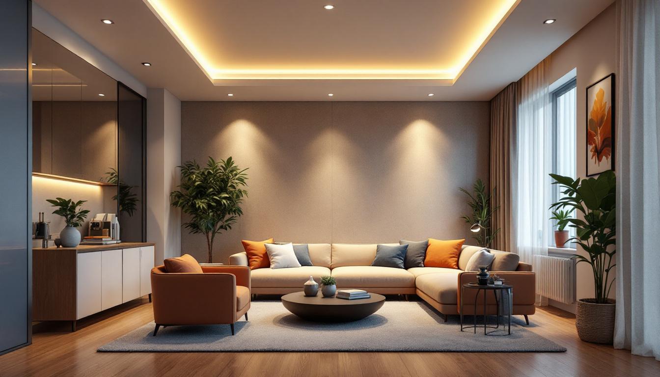 A photograph of a stylishly designed room showcasing ceiling recessed lighting in action