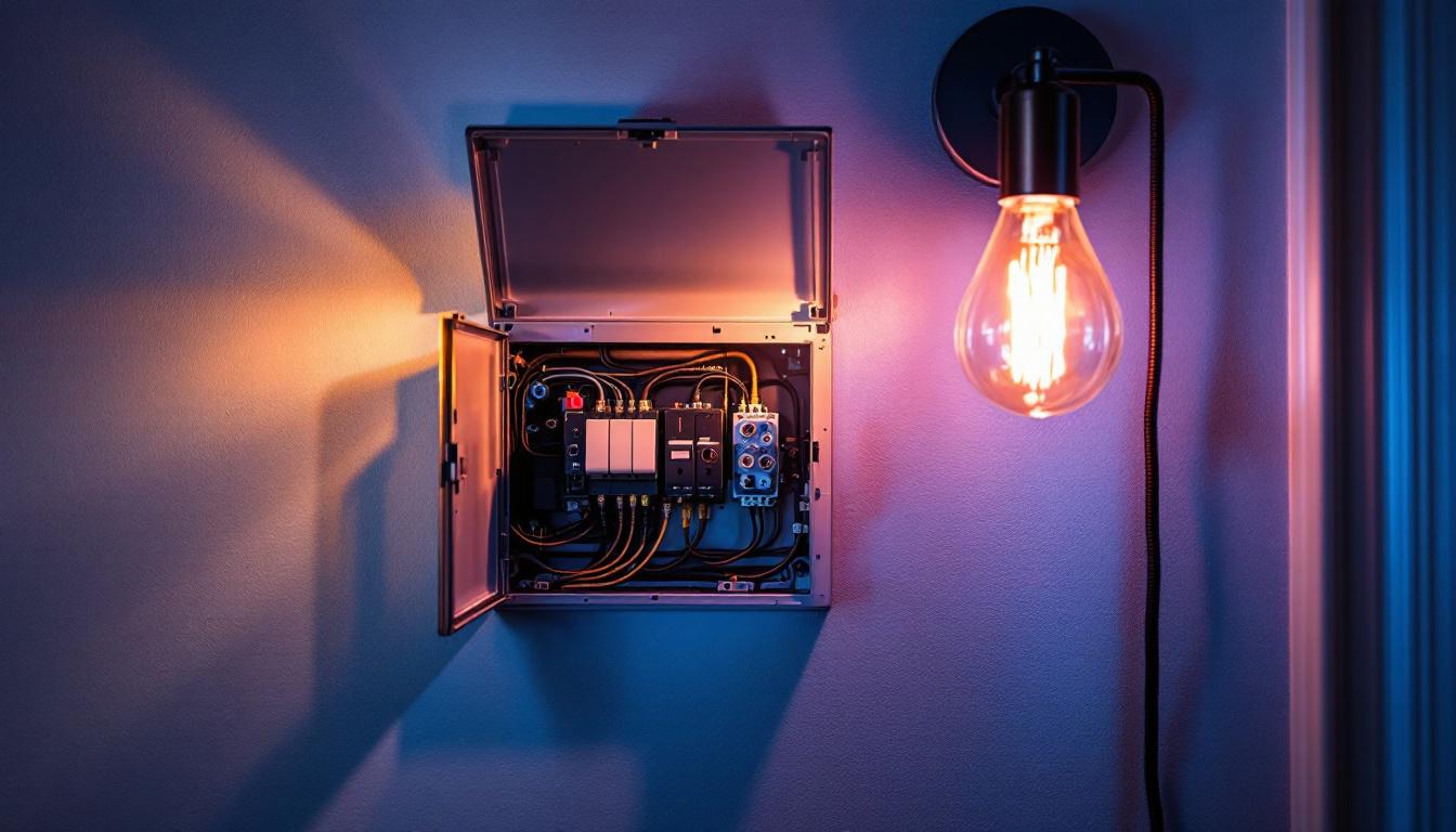 A photograph of a well-organized electrical box installed beside an elegant wall sconce in a stylish interior setting