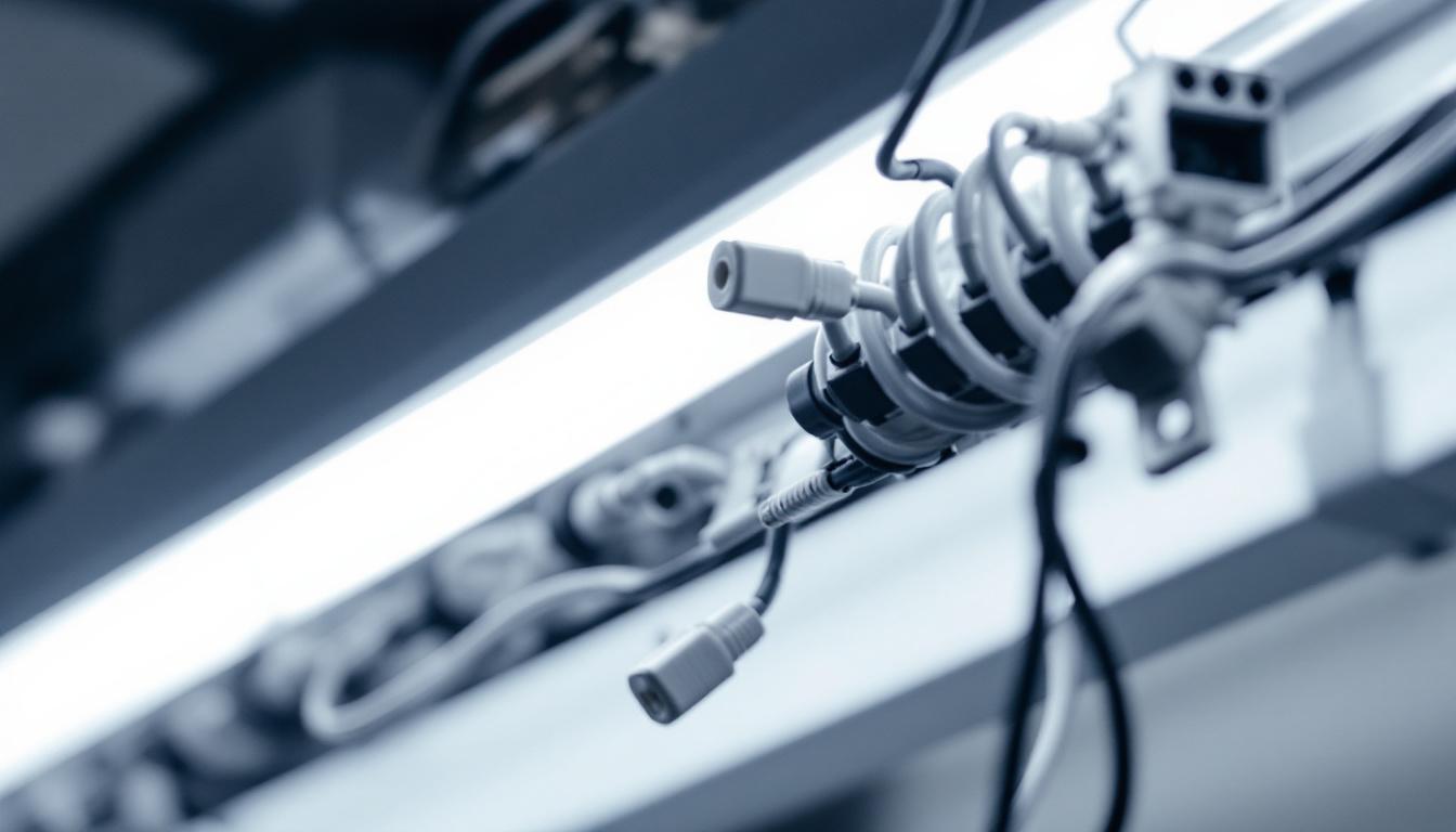 A photograph of a detailed close-up of a fluorescent light fixture's wiring diagram
