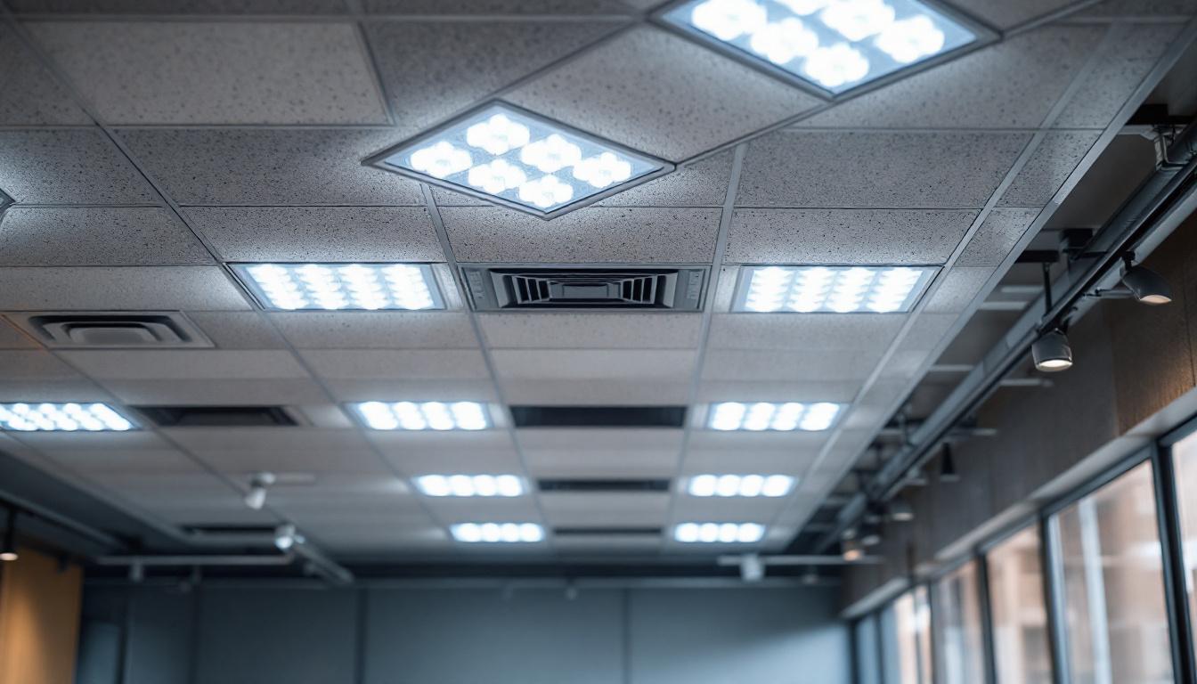A photograph of a well-lit indoor space featuring 2x4 troffer lights installed in the ceiling