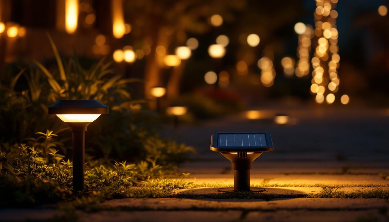 A photograph of a beautifully lit outdoor setting featuring solar-powered downlights in use