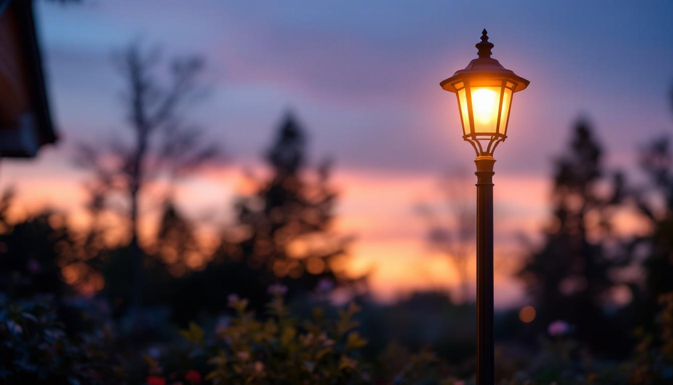 A photograph of capture a photograph of an elegantly designed outdoor lighting post illuminating a beautifully landscaped garden or pathway during twilight