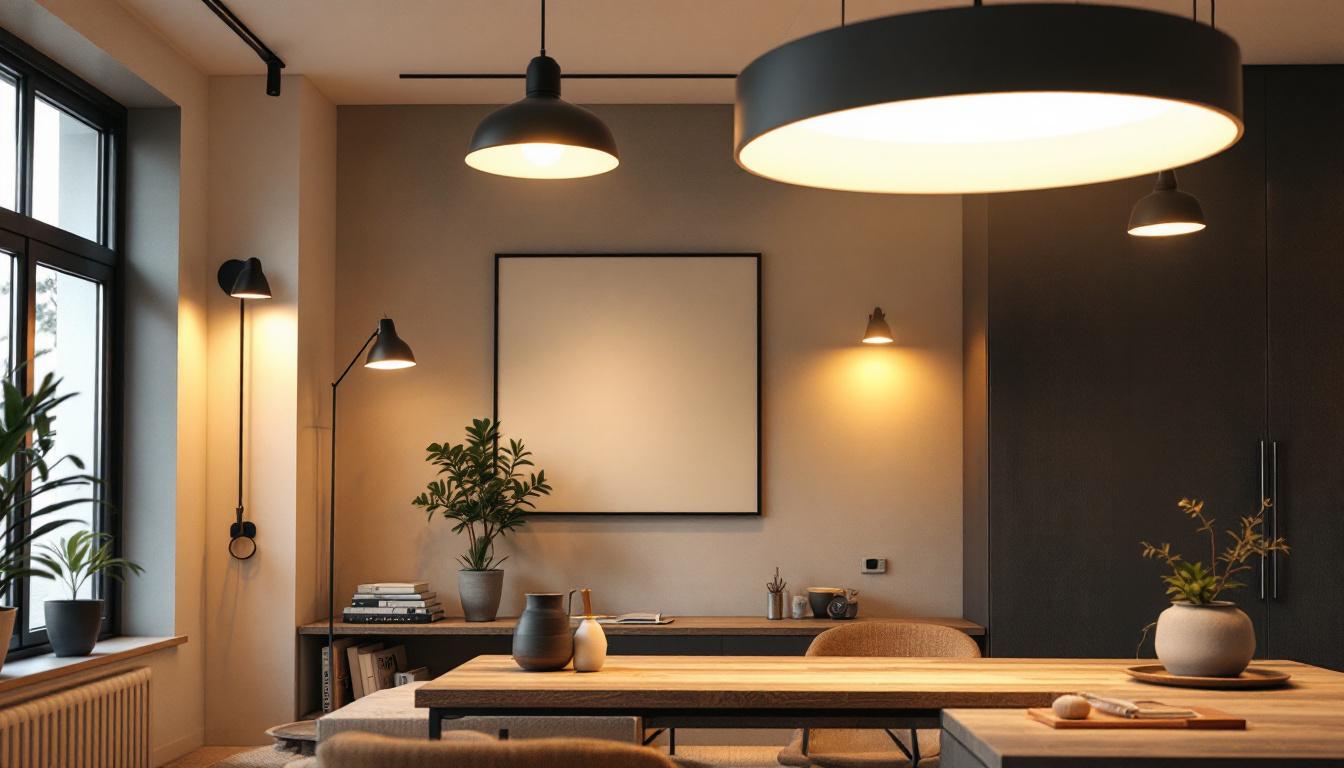 A photograph of a modern light fixture installation in a well-lit room