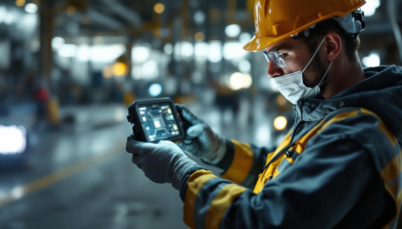A photograph of a skilled electrical engineer working with a rab wallpack light fixture in a dynamic industrial setting