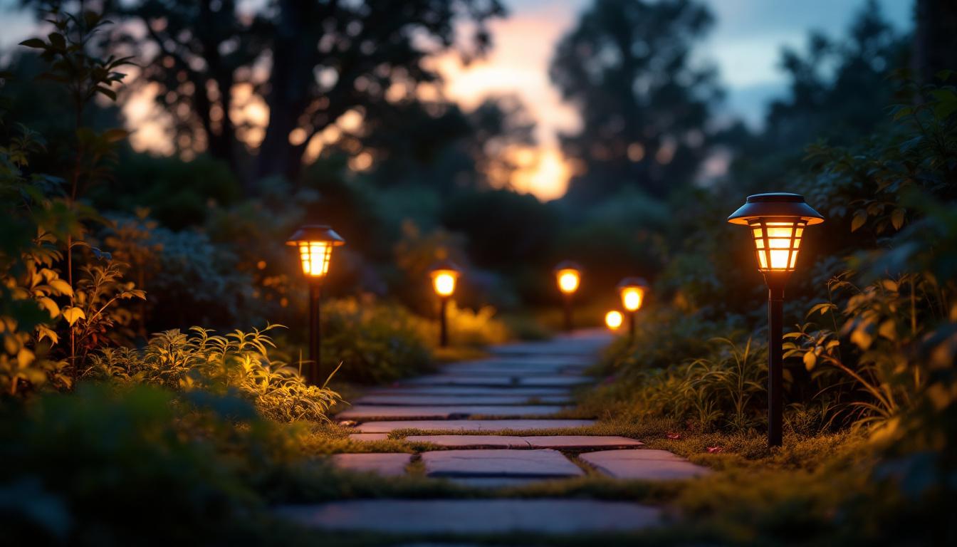 A photograph of a beautifully designed solar light installation in a serene outdoor setting during twilight