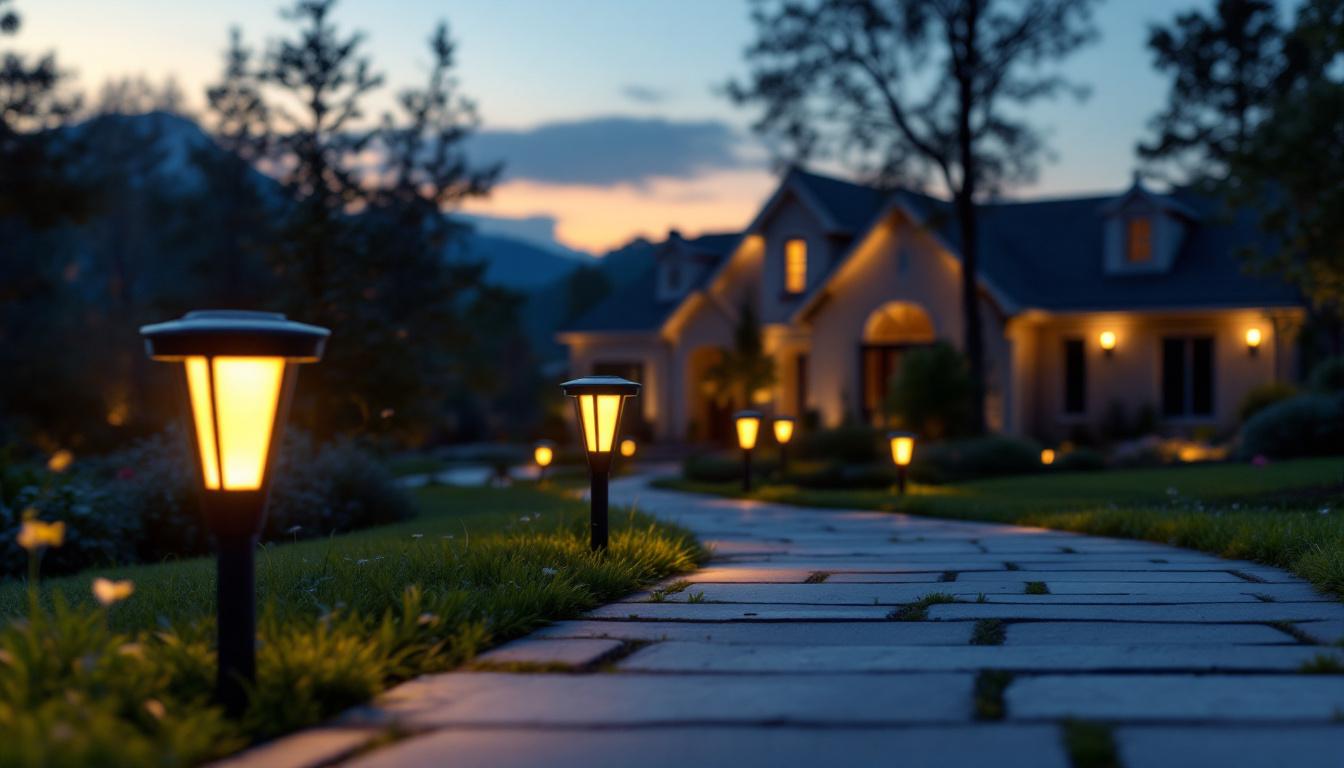A photograph of a beautifully illuminated driveway at dusk