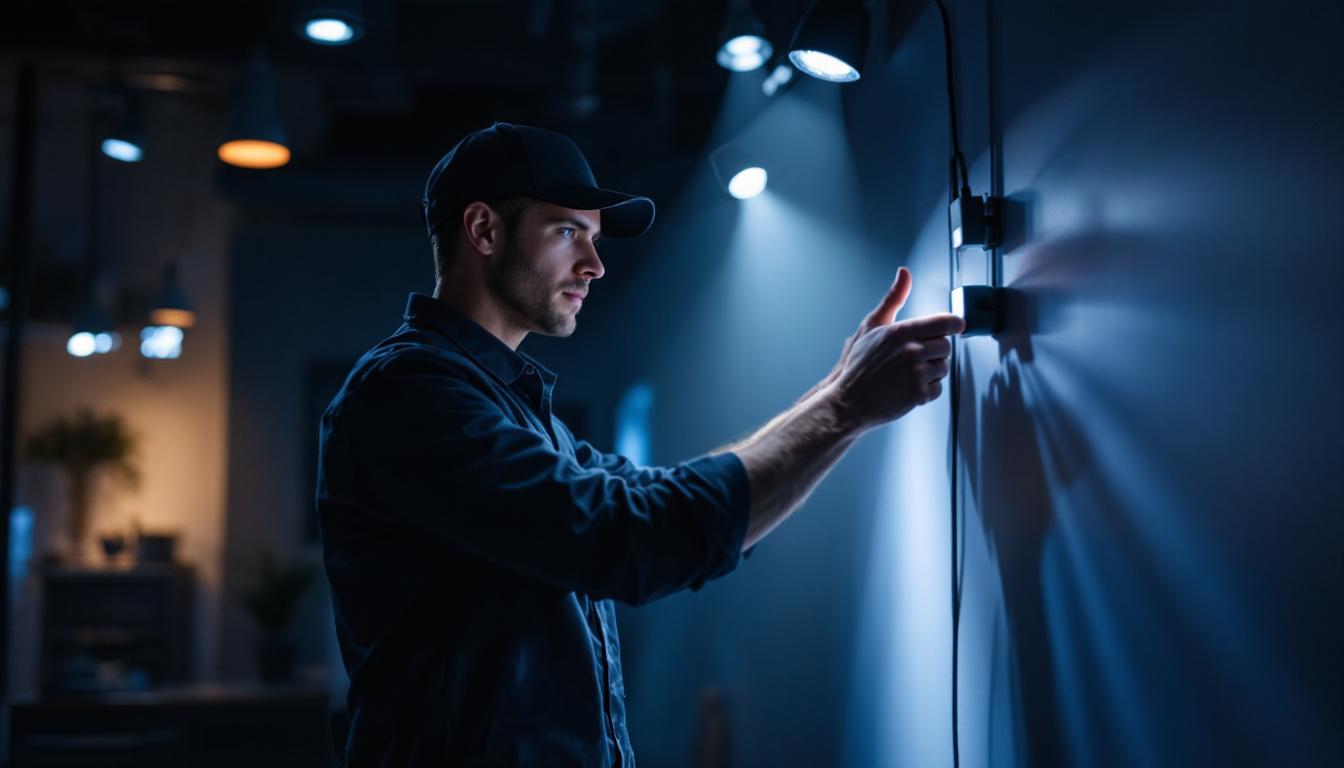 A photograph of a modern lighting installation featuring motion sensors in action