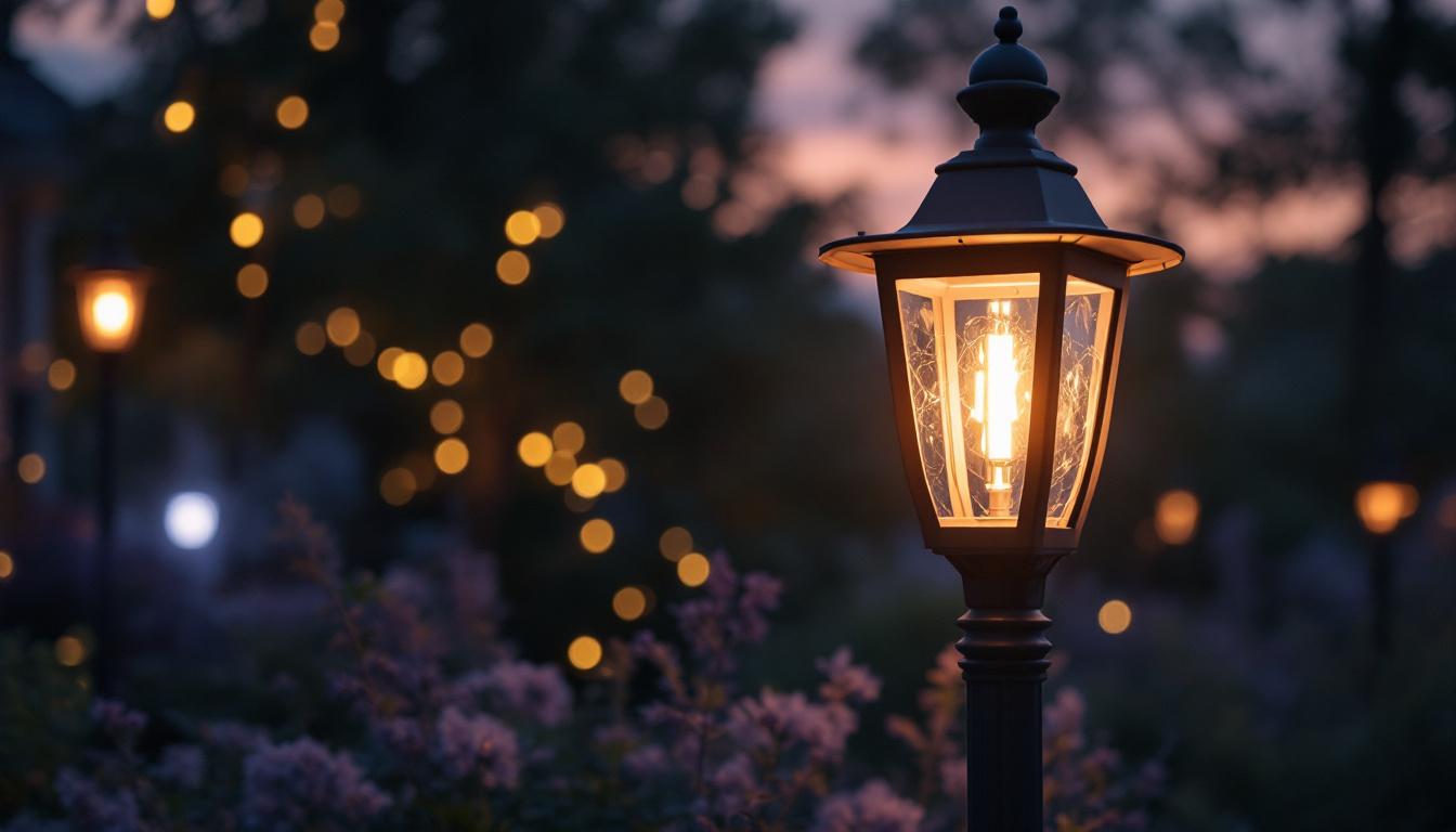 A photograph of a beautifully lit outdoor scene featuring a stylish light post lantern