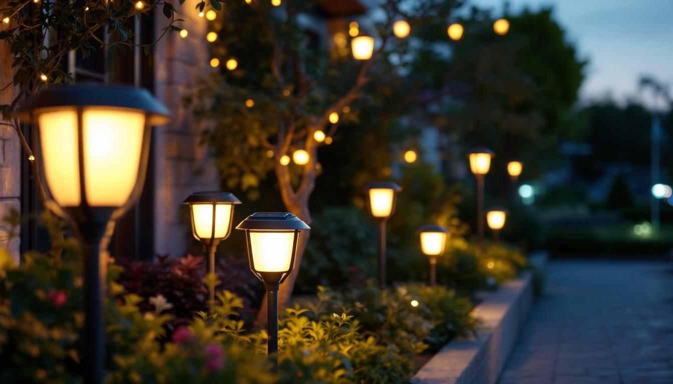 A photograph of a beautifully illuminated outdoor space featuring various solar-powered lights