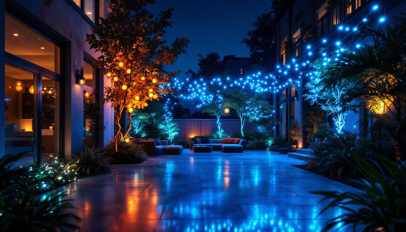 A photograph of capture a photograph of a large-scale lighting installation featuring flexible strip lights in an outdoor or indoor setting