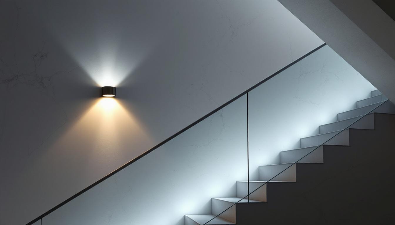 A photograph of a stylish stairway wall light fixture elegantly illuminating a modern staircase