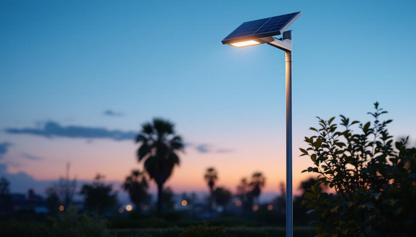 A photograph of a solar-powered outdoor pole light illuminated at dusk
