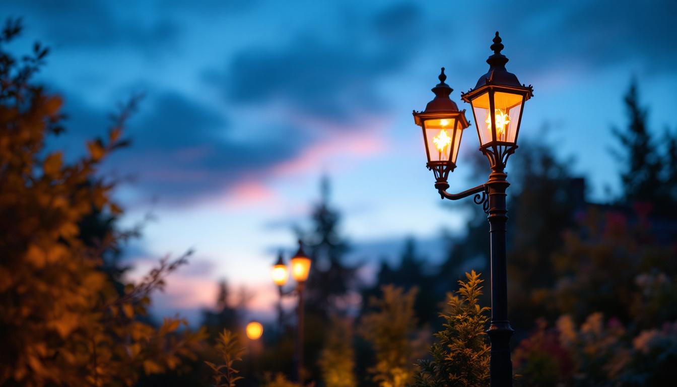A photograph of a beautifully illuminated outdoor lamp post fixture at dusk