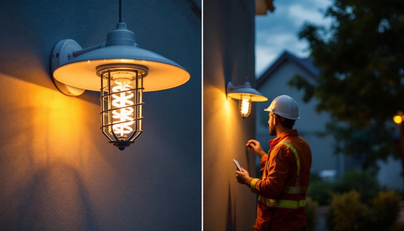A photograph of a side-by-side comparison of a high-pressure sodium lamp and an led replacement in an outdoor setting