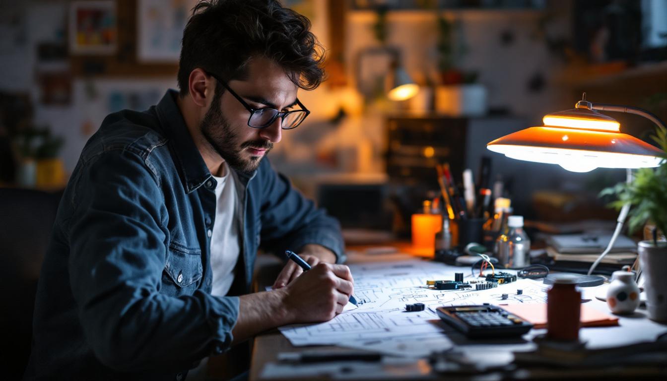 A photograph of a focused electrical engineer working intently at a cluttered desk
